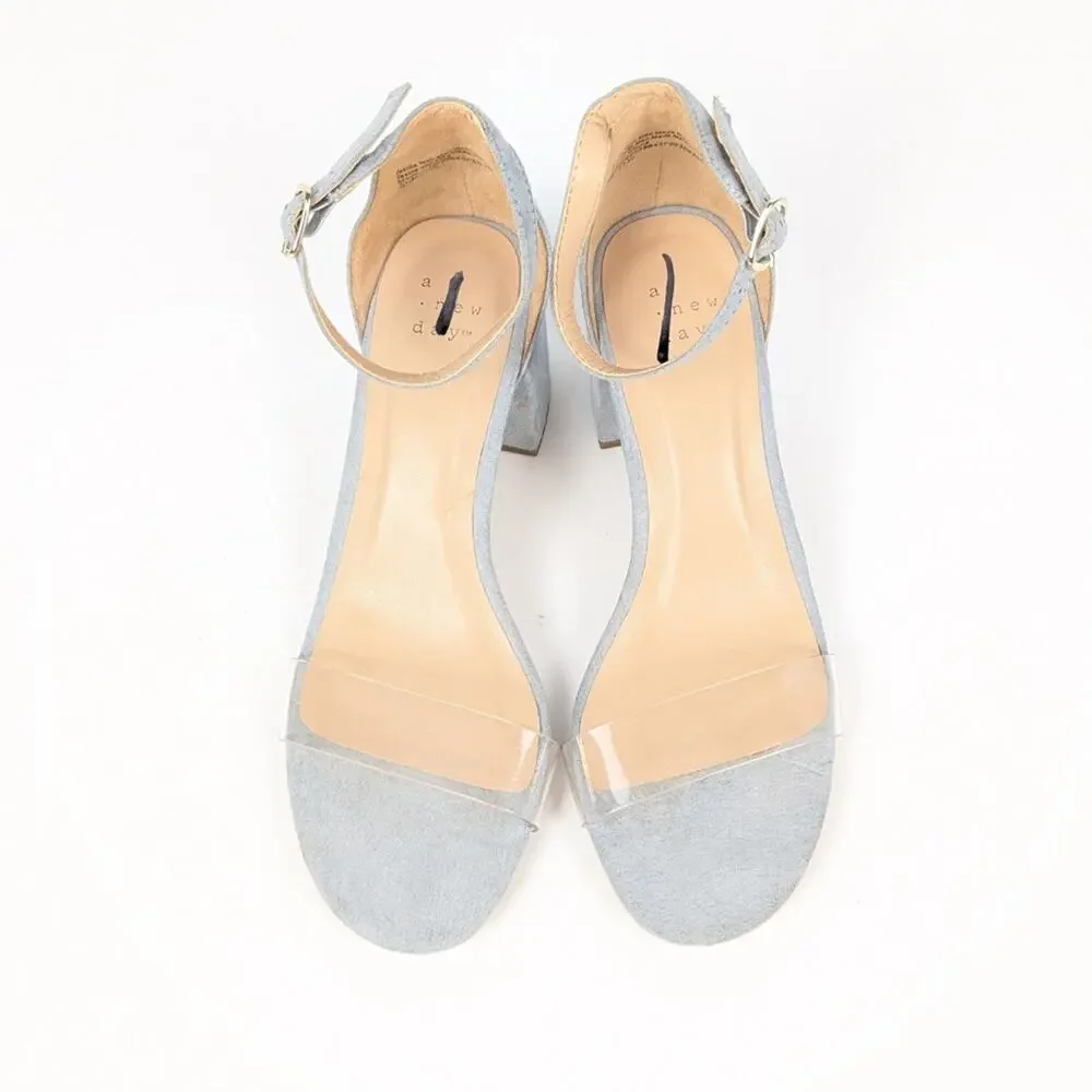 A New Day Michaela Light Blue Suede Clear Strap Block Heel Sandals Size 6